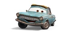 an old blue car with a hat on it's head is shown in front of a white background