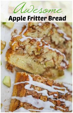 an image of some bread with icing on it and the words welcome to apple fritter bread