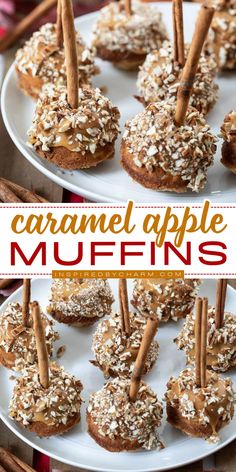 These Caramel Apple Muffins might be my new favorite fall treat. Moist cinnamon-topped apple muffins are dipped in caramel, sprinkled with pecans, and then topped with a cinnamon stick to look just like a caramel apple. Desserts With Cinnamon, Apple Muffin Recipe, Caramel Apple Recipe, Caramel Apple Muffins, Apple Muffin, Fall Apple Recipes