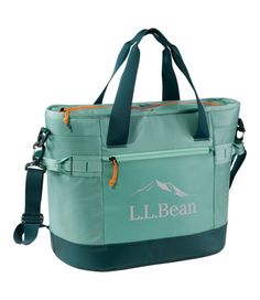 the l l bean cooler bag is green and has an orange trim around it's handles