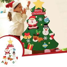 a child standing next to a christmas tree with decorations on it and an image of santa claus