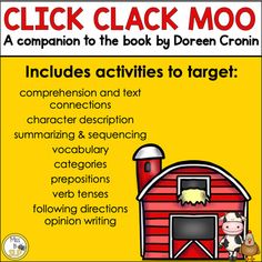 a red barn with text that reads, clickck clack moo includes activities to target