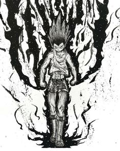 a black and white drawing of a person standing in front of a tree with flames