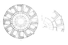 an architectural drawing of a circular table with four sections in the center, and one section on