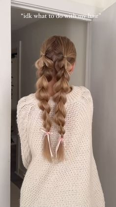 Cute Hair Styles For Red Hair, Low Pigtail Bubble Braids, Half Braid Pigtails, Two Braids Into One Ponytail, 2 Pigtail Hairstyles, Cute Pigtail Braid Hairstyles, Pigtail Fishtail Braids, Double Pigtail Braids, Puffy Braid Tutorial