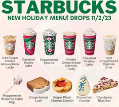 the starbucks menu has many different drinks and desserts in each cup, along with their names