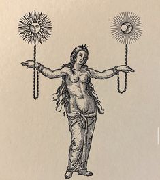 a drawing of a woman holding two sun and one moon in her hands with chains around her waist