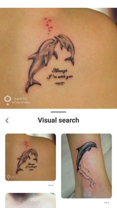 two dolphins on the back of a woman's neck with words written below them