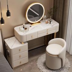 a white vanity table with a round mirror and stool next to it in a living room