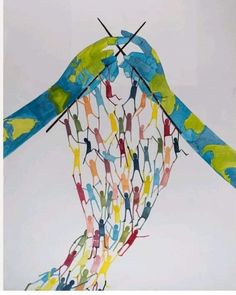 a colorful bird made out of crayons with scissors on it's wings