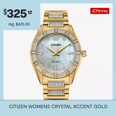 Make a brilliant style statement in the latest women's dress watch from the Crystal collection. This elegant timepiece shines bright with 89 crystals surrounding the gold-tone stainless steel case and bracelet. The sleek case is accented by a white mother-of-pearl three-hand dial and the bracelet fastens with a fold over clasp with push buttons. Featuring our Eco-Drive technology that's sustainably powered by any light and never needs a battery, this fashionable watch will add sparkle to your d… Luxury Metal Jewelry And Watches, Modern Gold Jewelry And Watches, Polished Anniversary Jewelry And Watches, Ladies Dress Watches, Three Hands, Eco Drive, Dress Watch, Crystal Collection, Style Statement