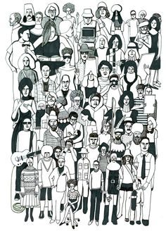 a black and white drawing of many people