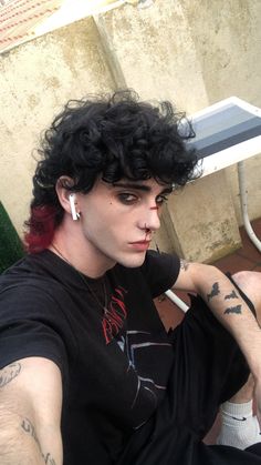 Mens Goth Hair, Long Hair Goth Guy, Curly Punk Hair Men, Alt Men Hairstyles, Elven Hair Styles, Longer Curly Hair Men, Attractive Haircuts For Men, Curly Alt Mullet, Alt Mullet Men