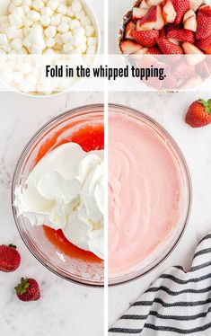 four different pictures with strawberries, marshmallows and whipped cream in them