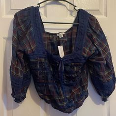 Plaid Crop Top Blouse . Never Worn! Blue Cotton Blouse For Fall, Blue Short Sleeve Blouse For Fall, Plaid Cropped Top For Day Out, Blue Fall Tops For Day Out, Blue Tops For Fall Day Out, Blue Blouse For Day Out In Fall, Plaid Crop Top, Crop Top Blouse, Teen Fashion Outfits