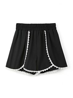 Lace Trim Black Casual Shorts Black Lace Trim Shorts For Summer, Black Short Bottoms With Lace Trim, Black Cotton Bottoms With Lace Trim, Black Lace Trim Short Bottoms, Black Stretch Shorts With Lace Trim, Black Bottoms With Lace Trim, Chic Black Pants With Lace Trim, Chic Lace Trim Short Bottoms, Black Lace Trim Shorts