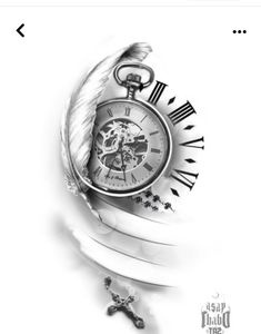 a black and white photo of an old pocket watch with feathers on the clock face