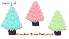 three crochet christmas trees are shown in different colors and sizes, with the words crochet tree tutor written below