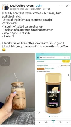 a person holding a jar of coffee next to an instagram post about iced coffee