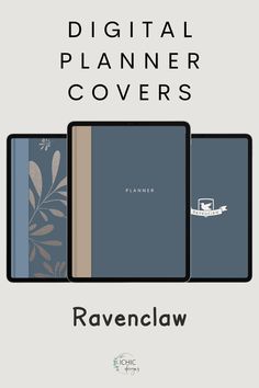 the cover for raven claw's digital planner covers is shown in three different colors