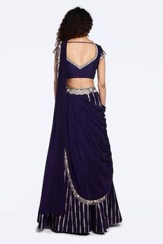 Purple pre-draped lehenga saree wit abstract embroidery using thread, sequins, cheed, cutdana. Paired with a paisley, floral embroidered blouse. - Aza Fashions Draped Lehenga, Drape Lehenga, Abstract Embroidery, Lehenga Saree, Paisley Floral, Saree With Blouse, Sweetheart Neck, Embroidered Blouse, Purple Floral