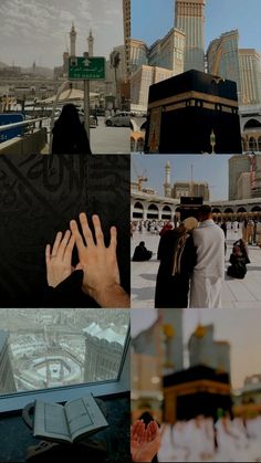 multiple pictures of people praying in front of the dome of the rock and other buildings