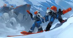 two people in ski gear walking up a snowy hill with an orange and black marker