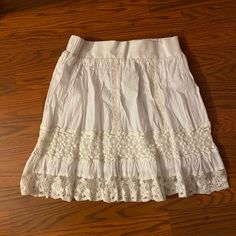 White Skirt With Lace And Ruffles. Boho Style. Never Worn. Excellent Condition. Between Mini And Midi Length. Size Medium Bohemian White Mini Skirt With Lace Trim, White Stretch Bohemian Skirt, White Boho Skirt, Skirts White, Skirt With Lace, Boho Skirt, Boho Skirts, Boho Lace, Hem Skirt