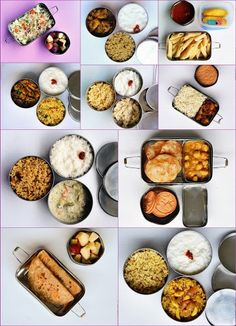 there are many different types of food in this photo collage, including rice and meats