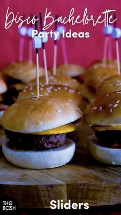 several hamburgers with toothpicks on them are sitting on a cutting board and the title reads, biscuit bachelor party ideas