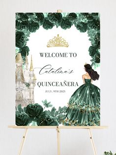 Emerald Green Floral Quinceanera Welcome Sign, Quinceanera Sign, Quinceanera Poster, Quinceañera Welcome, Emerald Green Quinceañera Decor Welcome Sign Quinceanera, Emerald Quinceanera, Quinceanera Sign, Quince Green, Quinceañera Decor, Green Quinceanera, Quinceanera Crown, Outdoor Welcome Sign, Emerald Green Dresses