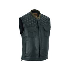 This men's biker vest is made of cowhide leather with a stylish honeycomb pattern. It features a front zipper, multiple pockets for storing essentials, and a reinforced interior lining for durability. The vest also has a classic biker design with a scoop neckline and a sleek, form-fitting cut. Perfect for adding a touch of edge to any outfit or for a day out on the open road. Soft premium drum dyed naked cowhide leather (1.2 - 1.3mm thickness) Single panel back for easy customization with patche Denim Vest Men, Motorcycle Leather Vest, Mens Black Vest, Biker Design, Plain Vest, Leather Biker Vest, Vest For Men, Shoulder Support, Motorcycle Vest