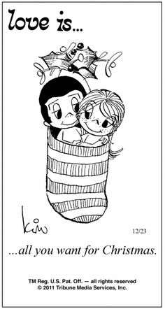 a black and white drawing of two children in a basket with the words love is