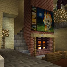 a living room filled with furniture and a fire place in front of a brick wall