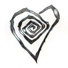 a black and white drawing of a heart with an abstract design in the center on a white background