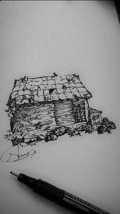 a pencil drawing of a house on paper