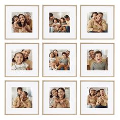 a group of six framed pictures with family photos on them, all in different frames