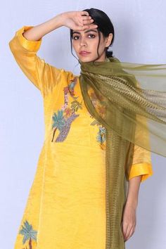 Shop for Oja Yellow Handloom Tissue Silk Kurta Set for Women Online at Aza Fashions Silk Kurta Set, Satin Pant, Yellow Kurta, Silk Pant, Applique Work, Types Of Work, Silk Kurta, Luxury Sale, Satin Pants