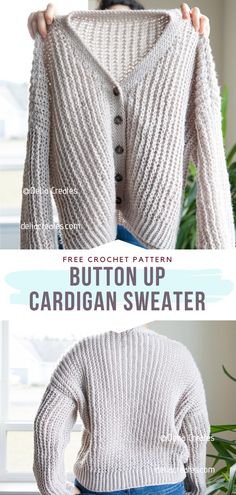 a woman holding up a cardigan sweater with the text, free crochet pattern