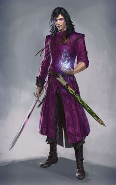 a drawing of a man in purple holding two swords and a glowing orb on his chest