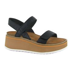 Naot Meringue Wedge Sandal (Woman) - Soft Black Leather with Camel Sole Sandals - Heel/Wedge - The Heel Shoe Fitters Naot Shoes, Shoe Molding, Leather Sandals Women, Platform Wedge Sandals, Comfortable Sandals, Womens Clogs, Meringue, Hook And Loop, Soft Black