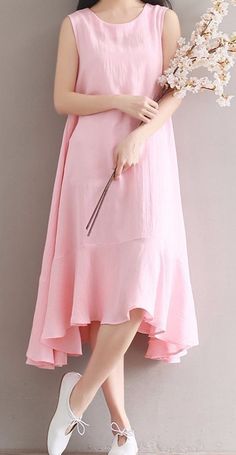 Pink Linen Dress, Baggy Dresses, Casual Frocks, Simple Frocks, Frock For Women, Stylish Short Dresses, Pink Dress Casual, Long Linen Dress