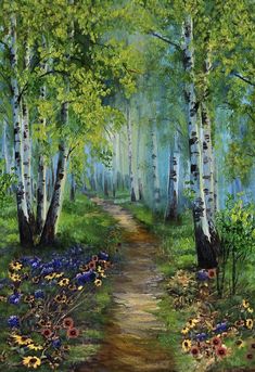 an oil painting of a forest path with flowers and trees on either side, surrounded by wildflowers