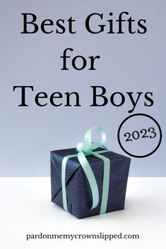 a blue gift box with the words best gifts for teen boys in black and white