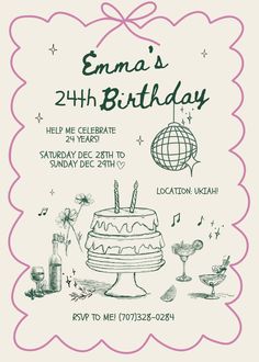 a birthday party flyer with an image of a cake and other items on the table