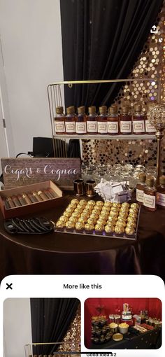 a table topped with lots of different types of cookies and confection bottles on top of it