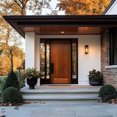 the front door of a modern home with two planters