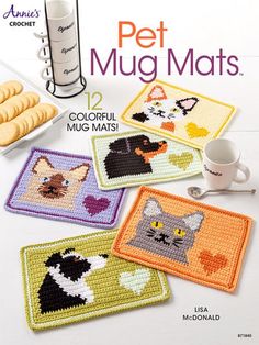 the cover of crochet pet mug mats, featuring four cats and one dog