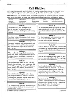 cell riddles worksheet with answers and answer sheets for students to use in the classroom