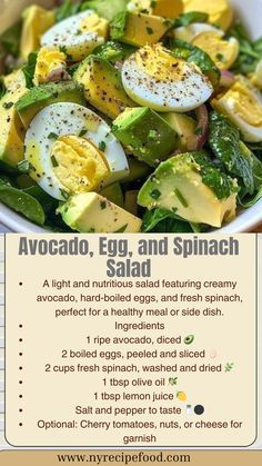 a salad with hard boiled eggs and spinach is shown in an advertise